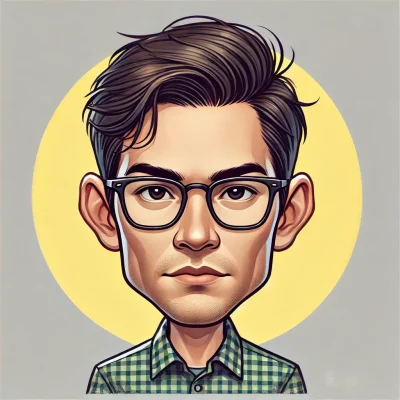 DALL·E 2024-07-24 14.42.18 - A caricature of a man with glasses and short, dark hair, wearing a checkered shirt. He has a serious expression. His face should have a longer, thinne